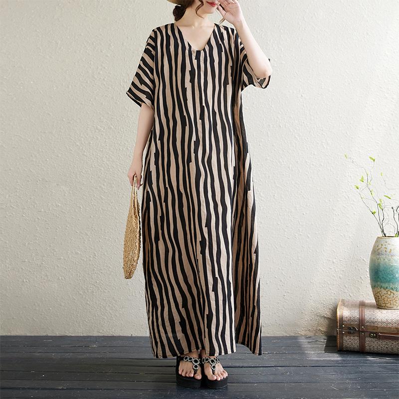 Новое хлопковое винтажное платье в полоску с коротким рукавом больших размеров для женщин, повседневное свободное длинное летнее платье