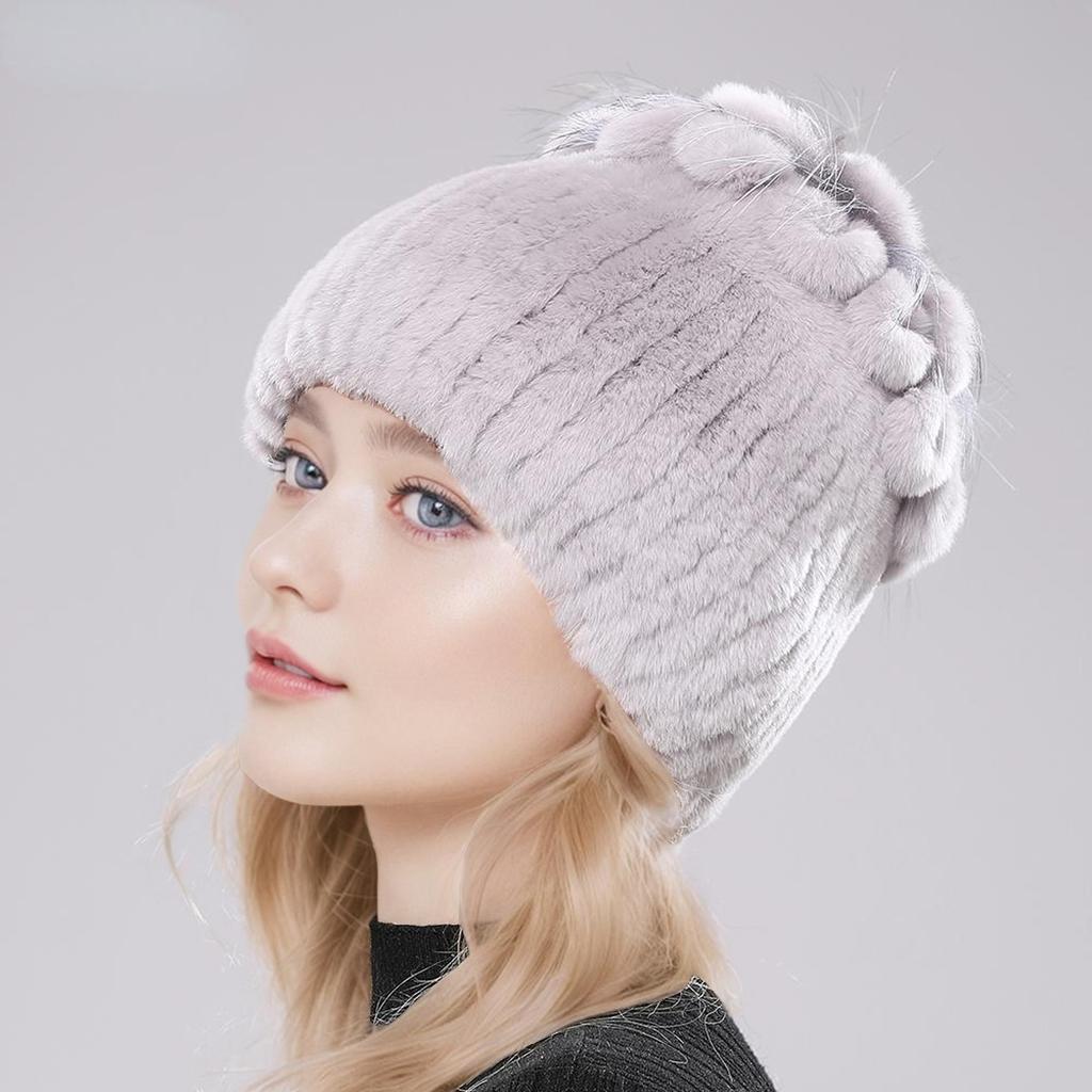 New Winter Real Rabbit Fur Beanies Hat Women 100% Genuine Real Rex Rabbit Hat Good Elastic Knitted Rex Rabbit Fur Caps