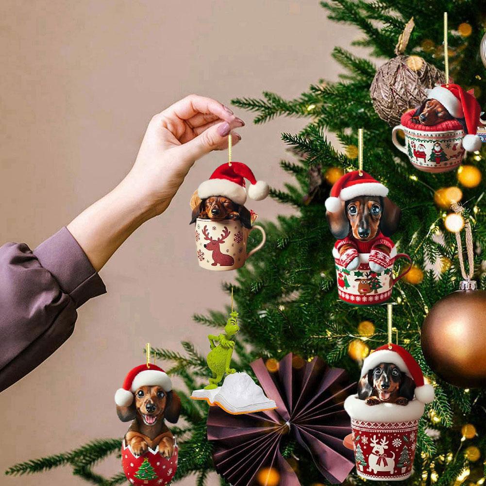 5 шт. Рождественские украшения, милые подвесные украшения для собак, такса, вечеринка, акриловое дерево для автомобиля 2024 P7Y6