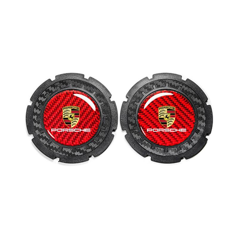2Pcs Car Carbon fiber Non-slip Water Coaster Leather Interior Pad Holder For Porsche Cayenne Panamera Macan 911 718 Cayman 918YC3
