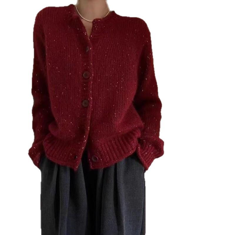 Wool Cardigan Women'S New Year'S Red Round Neck Bright Silk Thickened Knitted Sweater Loose Lazy Wool Sweater Jacket Top