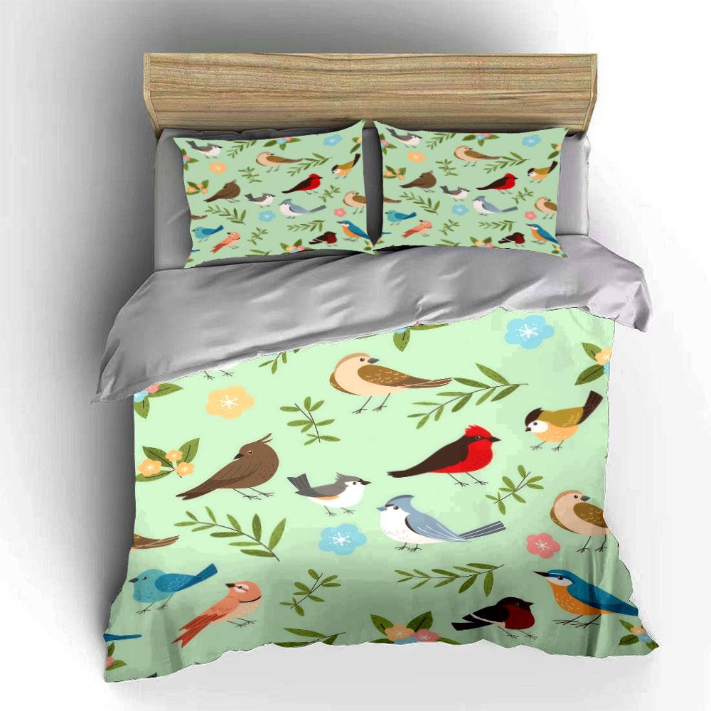 Colorful Bird Pattern Decoration Set Soft Skin-Friendly Bedding Set Includes 1 Duvet Cover And 2 Pillowcase, Gift