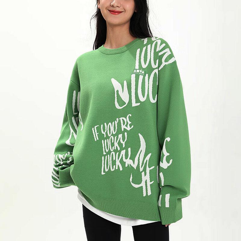 Anta Lucky You Skateboard Letter Print Round Neck Casual Pullover Long Sleeve Knit Sweeper Unisex Sweeper Starry-Green Paper-White 172348703S-3