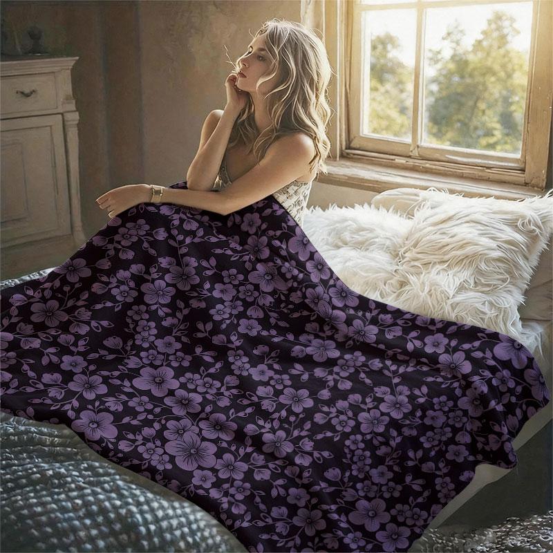 Lilac Dark Floral Flannel Blanket Warm Soft Halloween Christmas Decorative Couch Warm Cozy All-Season Gift