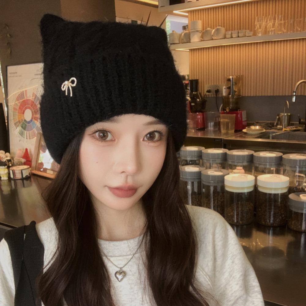 Japanese Style Woolen Knitted Hat Solid Color Women Beanie Hat Cat Ears Pullover Hat Girls
