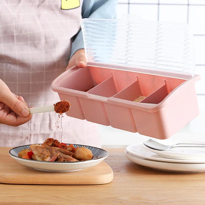 Коробка для приправ, контейнер для хранения приправ, подставка, банка для специй, 4 ячейки с ложкой, контейнер для хранения приправ, банки для специй