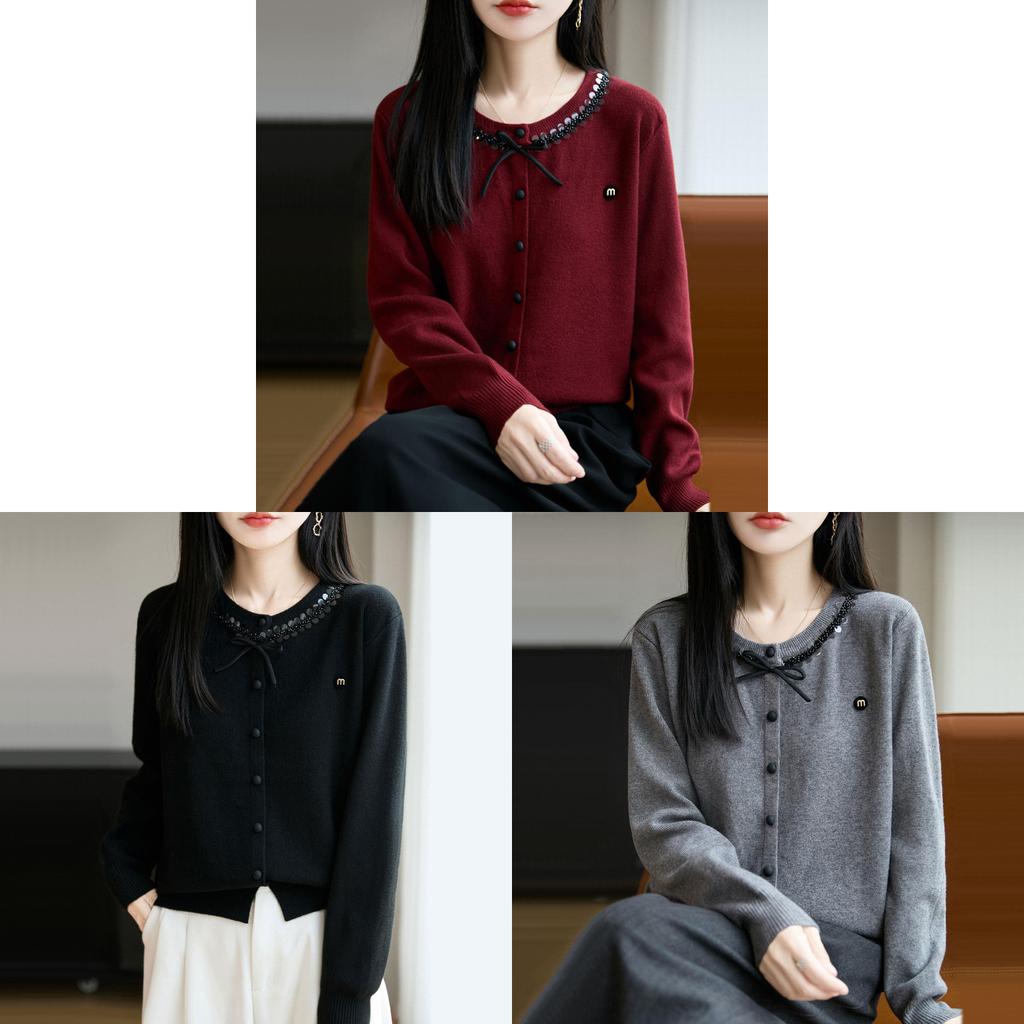 Womens Knit Cardigan With Sequins And Bow Decorations For Autumn Casual Wear