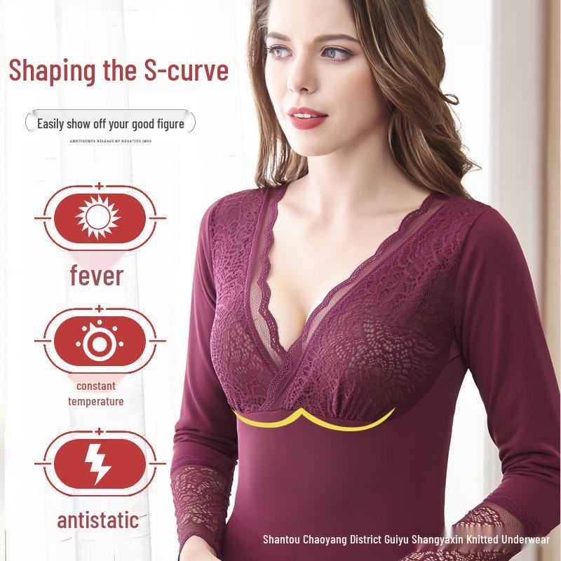 Топ в корейском стиле облегающего кроя с V-образным вырезом, на флисовой подкладке, тепловой, кружевной для женщин