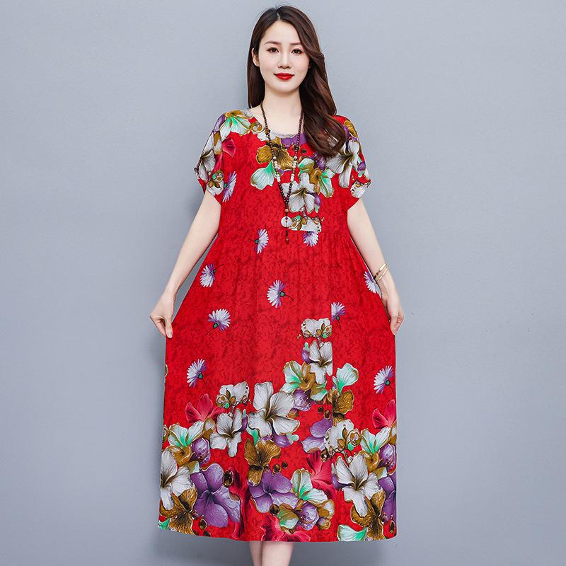 Mom cotton silk dress summer middle-aged and elderly women's clothing short sleeves high-end temperament rayon skirt with pockets