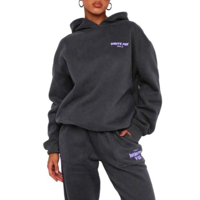 2 Pcs/Set Women Hoodie Pants Set Long Sleeve Thick Letter Print Hooded Drawstring Elastic Waist Ankle-banded Solid Color Top Trousers Lady