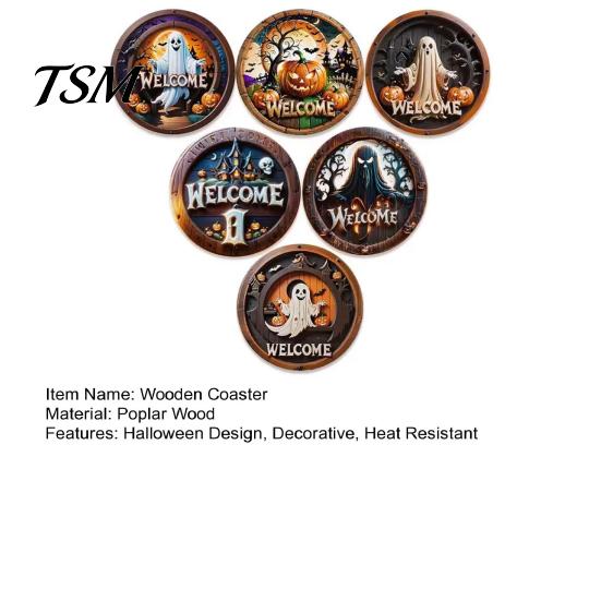Decorative Coffee Bar Accessories 6Pcs/Set Halloween Wooden Coasters, Retro Pumpkin Ghost Drink Fall Festival Tableware Round Heat Insulation Pads for