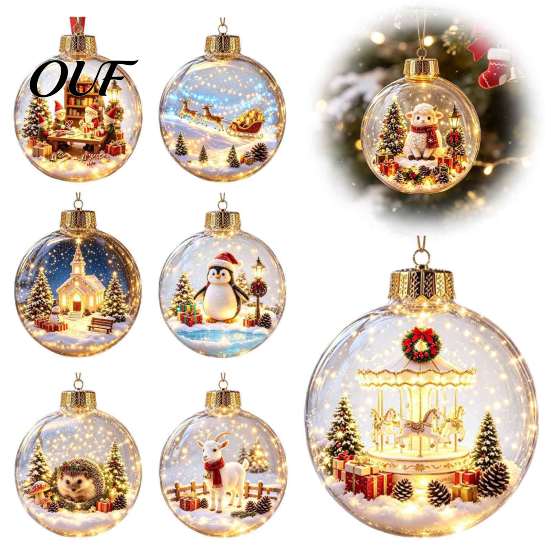 Winter Theme Party Supplies 3D Christmas Animal Faux Crystal Ball Ornament, Lighted Acrylic Hanging Decor Indoor Accents with Hedgehog Penguin Panda,