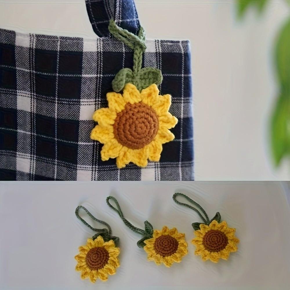 Cotton Crochet Sunflower Pendant Fabric Bag Lanyard Charm Cute Knitted Keychain  Daily