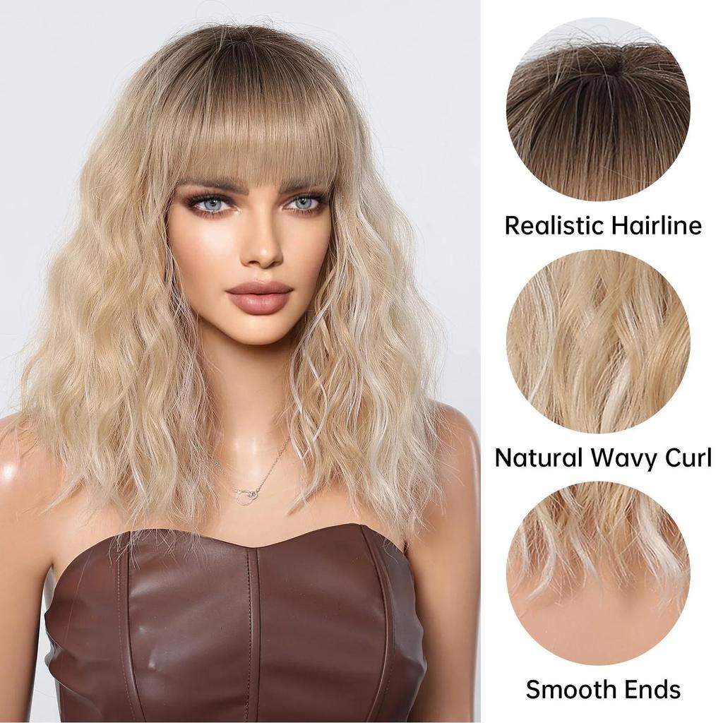 ALAN EATON Блондинка до плеч, синтетические парики с челкой, блондинка с омбре, мелкий парик для женщин, вьющийся повседневный парик, термостойкий