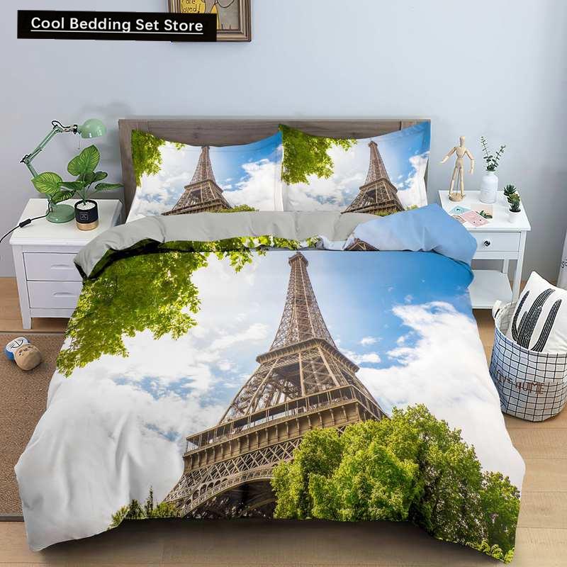 Пододеяльник с изображением парижской башни King Queen Знаменитые здания во Франции Комплект постельного белья для взрослых Розовый Романтический 2/3 шт. Полиэстеровый пододеяльник