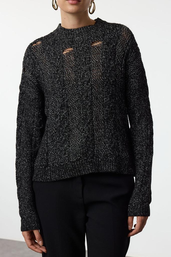 Women's Elegance Style Sweater Black Cotton Hair Knit Knitwear Sweater