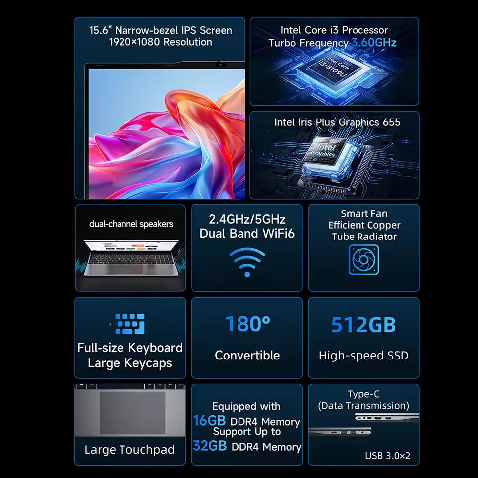 BMAX X15 Power Ноутбук 15.6'' 16 ГБ DDR4 RAM 512 ГБ SSD Windows 11 Ноутбук Процессор Intel Core I3-8109U Офисный компьютер