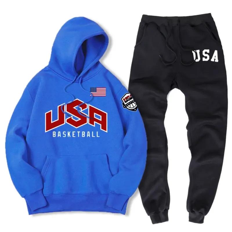 США баскетбольная уличная спортивная одежда с принтом спортивный костюм мужской теплый комплект из двух предметов свободная толстовка с капюшоном брюки комплект спортивный костюм с капюшоном