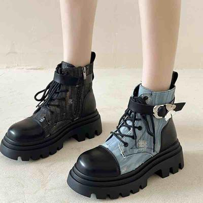 Модные женские кожаные ботильоны на толстом каблуке с круглым носком, новые кружевные ботильоны в британском стиле, дизайнер обуви 2024 года