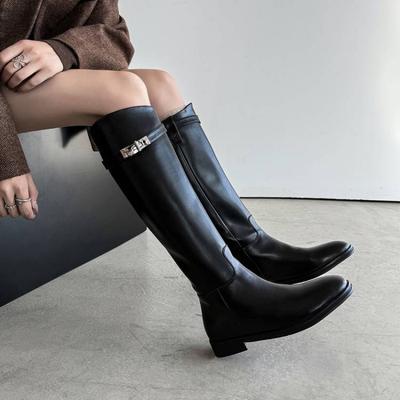 Новые женские кожаные сапоги квадратный каблук кожа большой размер женские сапоги круглый носок универсальные осенне-зимние на молнии сзади коровья кожа высокие сапоги женские