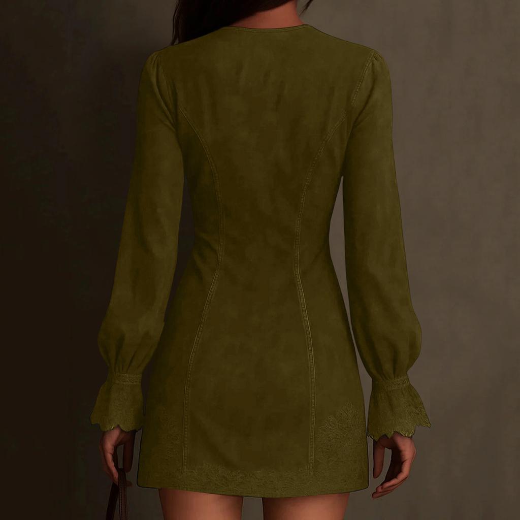 Женское замшевое платье с V-образным вырезом, на молнии, с кружевным длинным рукавом, однотонное, винтажное