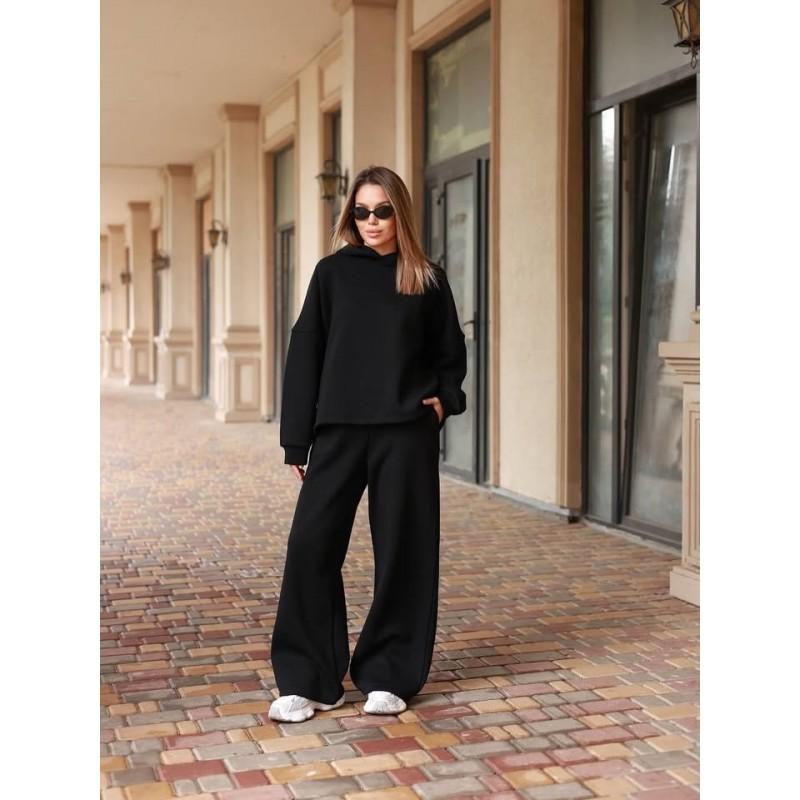 Womens Casual 2-Piece Set: Loose Hooded Sweatshirt Elastic Waist Wide-Leg Pants Solid Color Streetwear Outfit