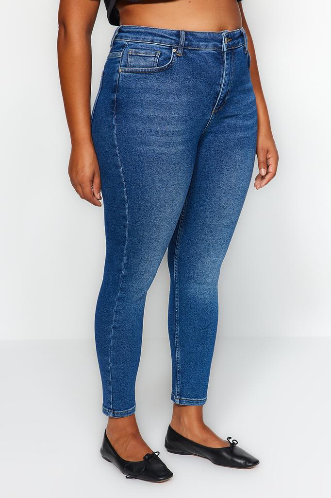 Женский стиль, большие размеры, темно-синие эластичные джинсы скинни с высокой талией