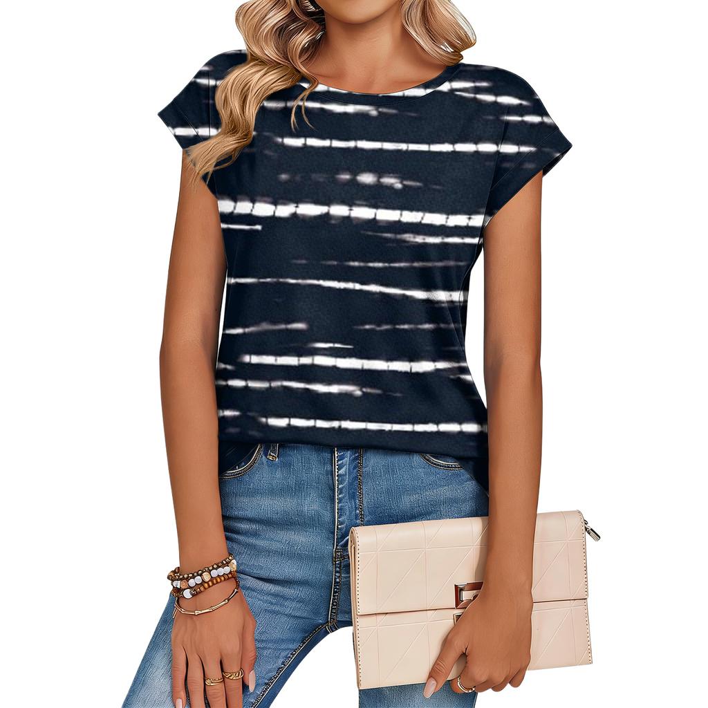 Women's Loose-Fit Fashionable Casual Vintage Print Cap-Sleeve T-Shirt Top