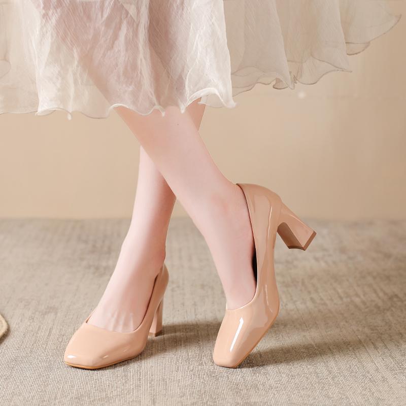 Металлическая пряжка Квадратный носок Лакированная кожа Высокие каблуки Осень Новинка Слипоны Нескользящие Износостойкие Блочный каблук Одинарные