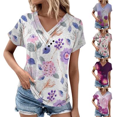 Летние женские топы с цветочным узором для женщин, удобные женские топы с v-образным вырезом и короткими рукавами, футболки большого размера