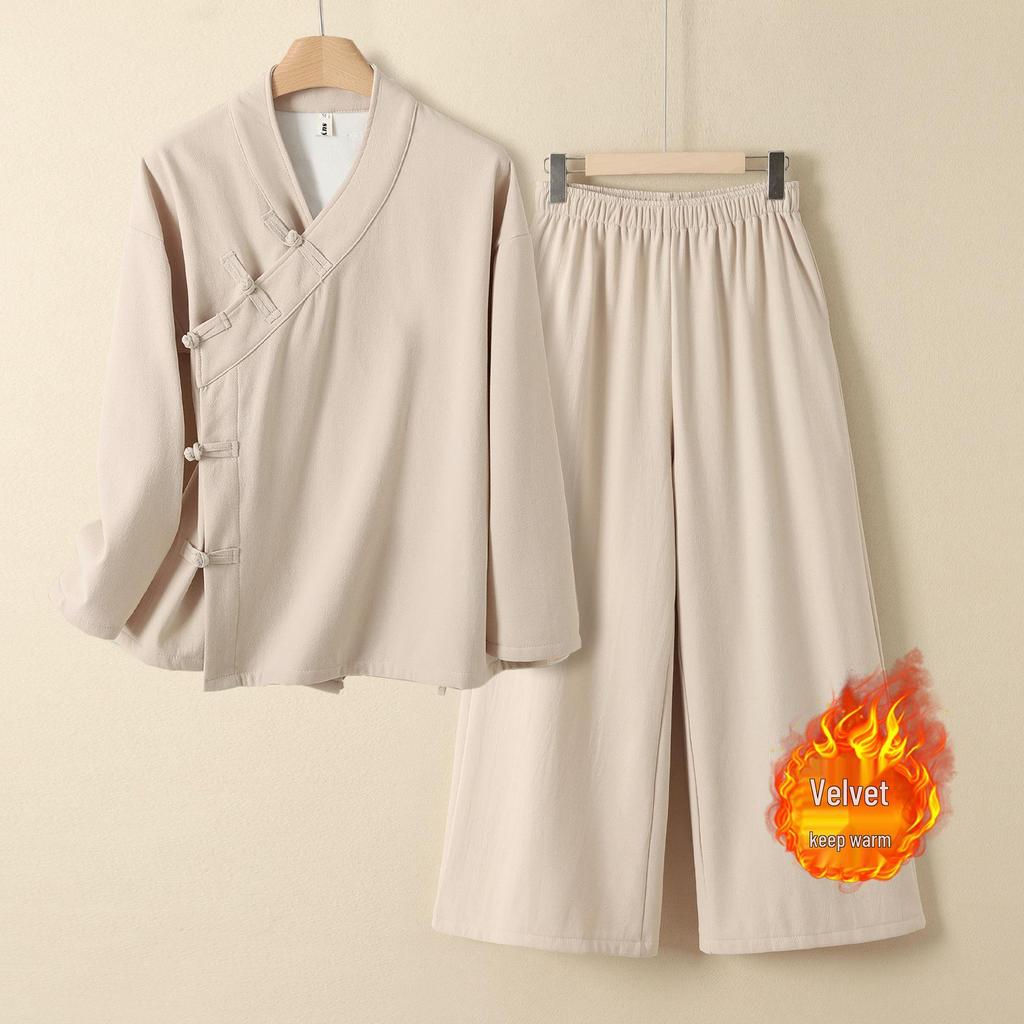 Women's Autumn/Winter Cotton Linen Hanfu: Velvet-Lined Chinese Style Long Sleeve Cardigan Monk Robe for Tea Ceremony