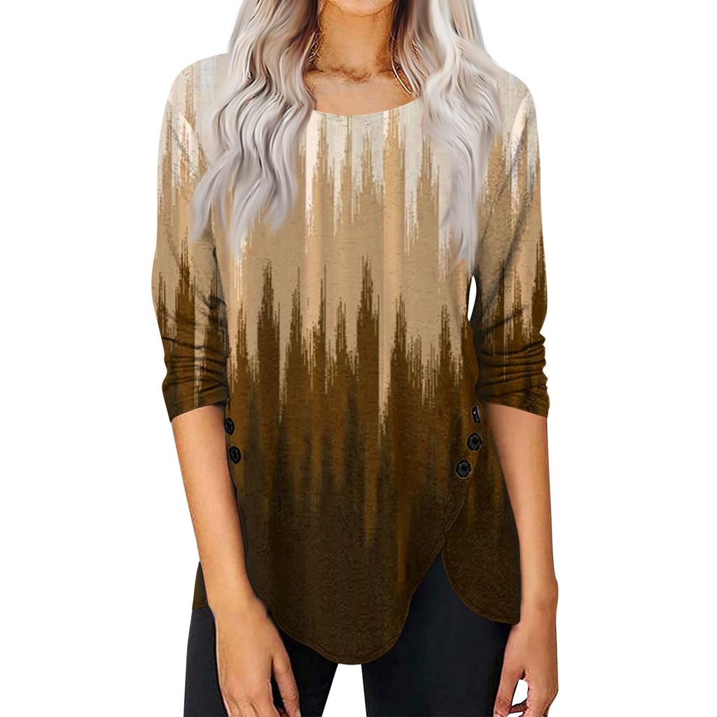 Женский повседневный топ с длинным рукавом и винтажным принтом, круглым вырезом, боковыми пуговицами, нестандартной формы, с длинными рукавами