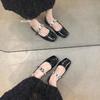 French Niche Square Head Sequined Buckle Mary Jane Shoes Girl 2025 New Silver Fairy Style with Skirt Flat Shoes
