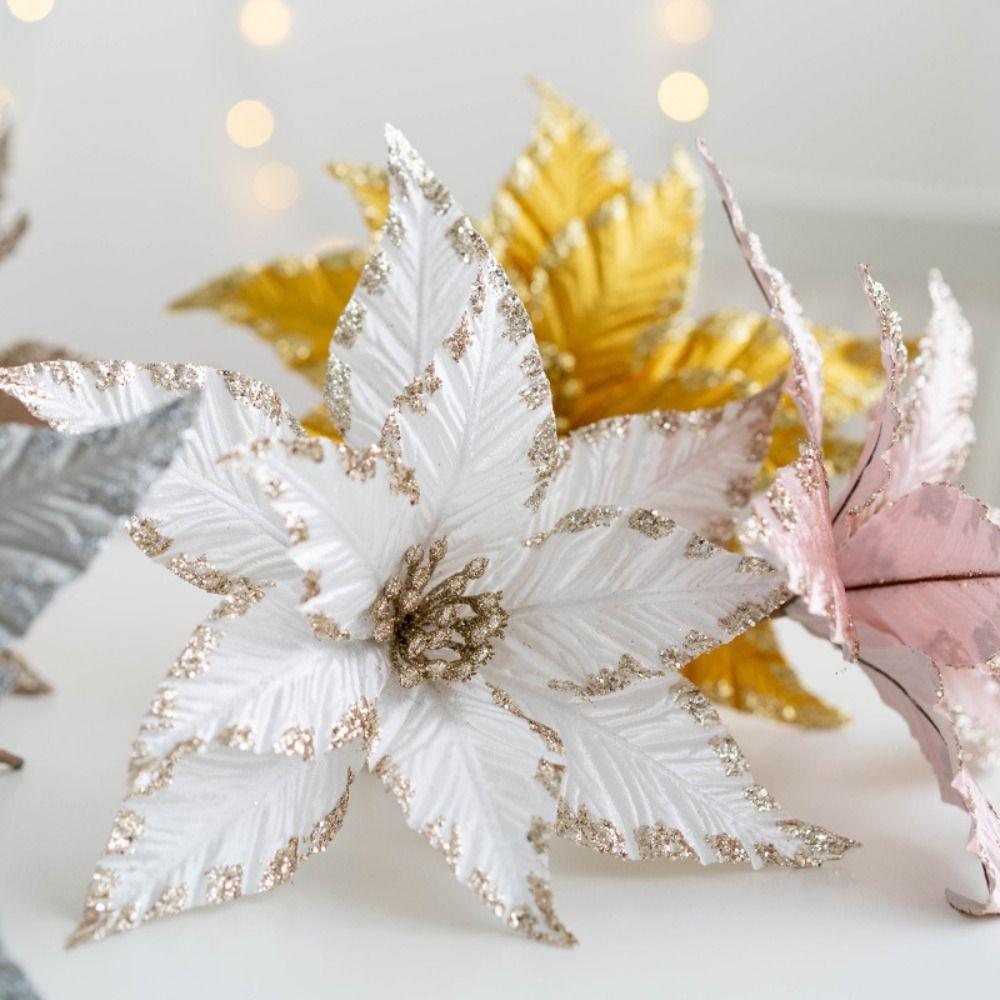 New Fabric Plastic Christmas Artificial Flowers 25cm DIY Decoration Fake Flower Ornaments Glitter Poinsettia Xmas
