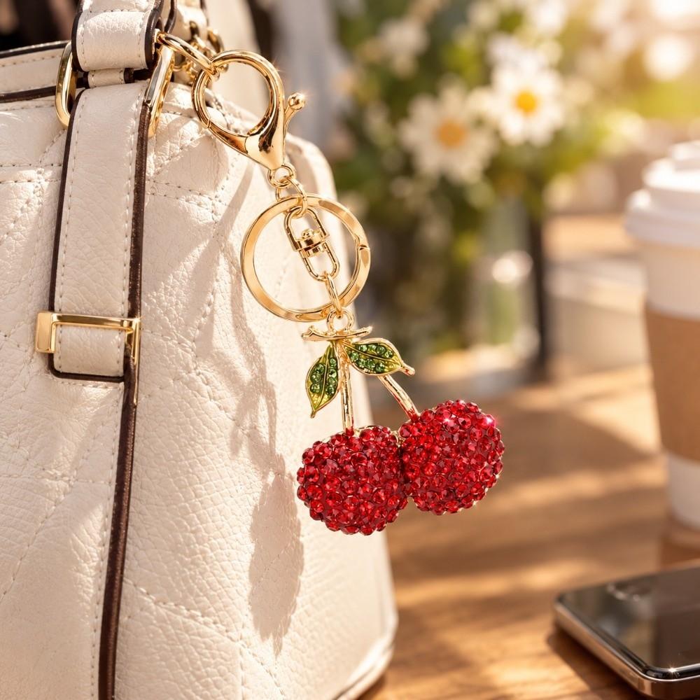 2pcs Sparkling Finish Cherry Keychain Red & Pink Key Ring Pendant Fruit Bag Charm For Car Accessory