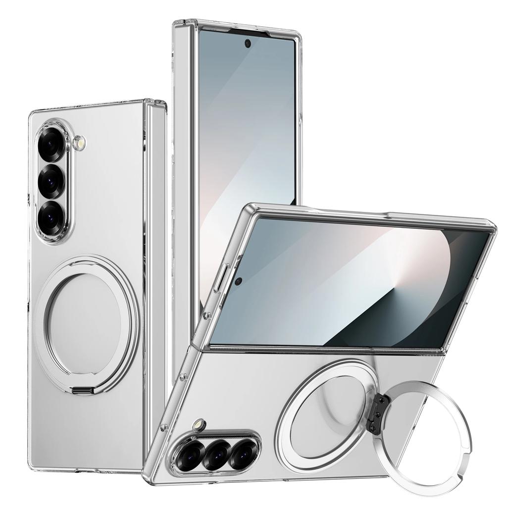Transparent 360° Rotating Magnetic Holder Phone Case for Samsung Galaxy Z Fold 7 6 5 4 3 Wireless Charging Hard Shockproof Cover