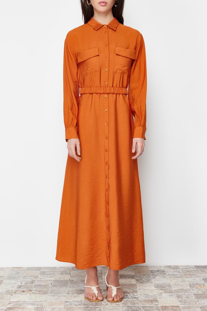 Women's Fashion New Hijab Dress Cinnamon Waist Elastic Belted Pocket Detailed Woven Dress