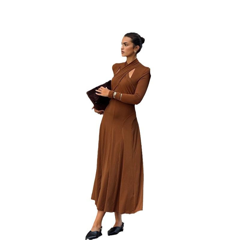 Европейский и американский стиль Элегантное приталенное платье-халтер с длинным рукавом для женщин - Коллекция Осень 2024