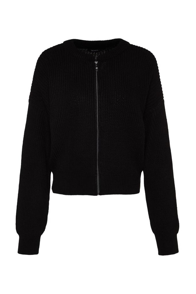 Women's Fashionable Stylish Cardigan Black Wide Fit Bomber Collar Zippered Knitwear Cardigan