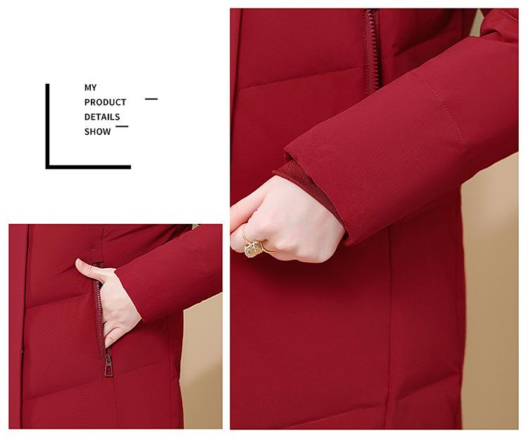 Женский пуховик средней длины из пуха белой утки 2025: Высококачественное приталенное теплое пальто с капюшоном для мам среднего возраста