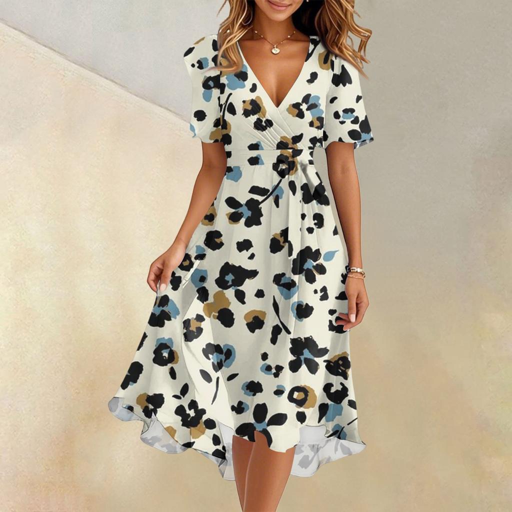 Women's Summer Fashion V-Neck Flared Dress Short Sleeve Floral Dresses