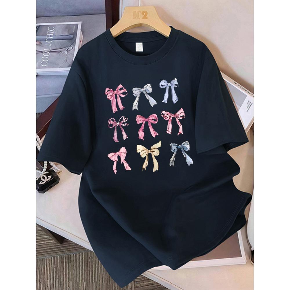 Летняя футболка женская с красочным принтом банта, с коротким рукавом, удобная, мягкая, с круглым вырезом, топ для отдыха, повседневная женская одежда