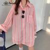 Женская свободная блузка с карманом и длинными рукавами, женская весна-лето, полосатая розовая рубашка в стиле бойфренда, блузка для девочек