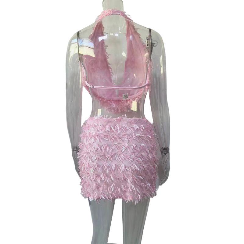 Европейский и американский сексуальный комплект с халтером, V-образным вырезом и облегающей короткой юбкой для женщин