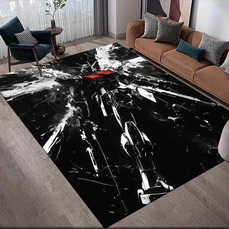 Black & White Gundam Anti-Slip Floor Mat, Rectangular Carpet for Bedroom, Living Room, Sofa Area & Game Room, Home Decor