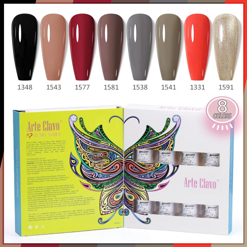 Arte Clavo 8 бутылок/набор, высококачественный блестящий гель-лак для ногтей для маникюра, гель-лак для дизайна ногтей, верхнее базовое покрытие, лак
