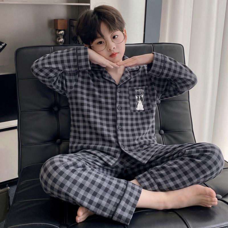 Boys Long Sleeve Cotton Pajamas Set Cartoon Print Soft Sleepwear Kids Teens Home Wear Fall