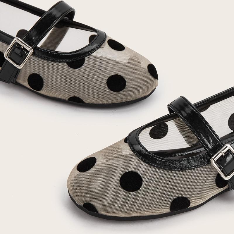 Модные Мелкие Плоские Сандалии Женские Дышащая Сетка Черный Горошек Балетки Удобные Круглый Носок Большой Размер Обувь Мэри Джейн