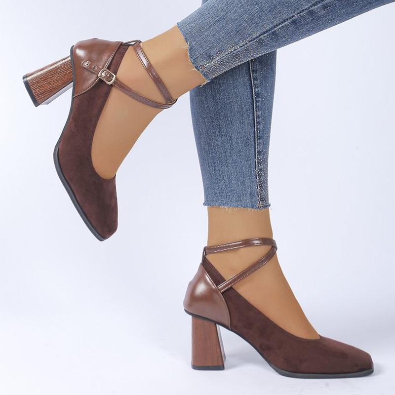 Модные классические коричневые туфли-лодочки на каблуке из искусственной замши для женщин, летне-осенние, с регулируемой пряжкой на щиколотке, туфли на высоком каблуке, женские, туфли-лодочки с квадратным носком, женские