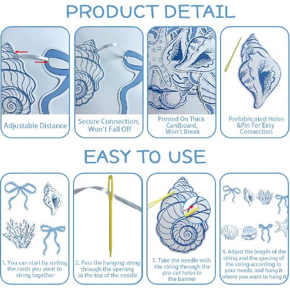 2 Pack Blue Bow Starfish and Seashell Garland 14.76 ft Summer Banner for Mermaid Birthday Wedding Bachelorette Baby Shower Ocean Coastal Nautical